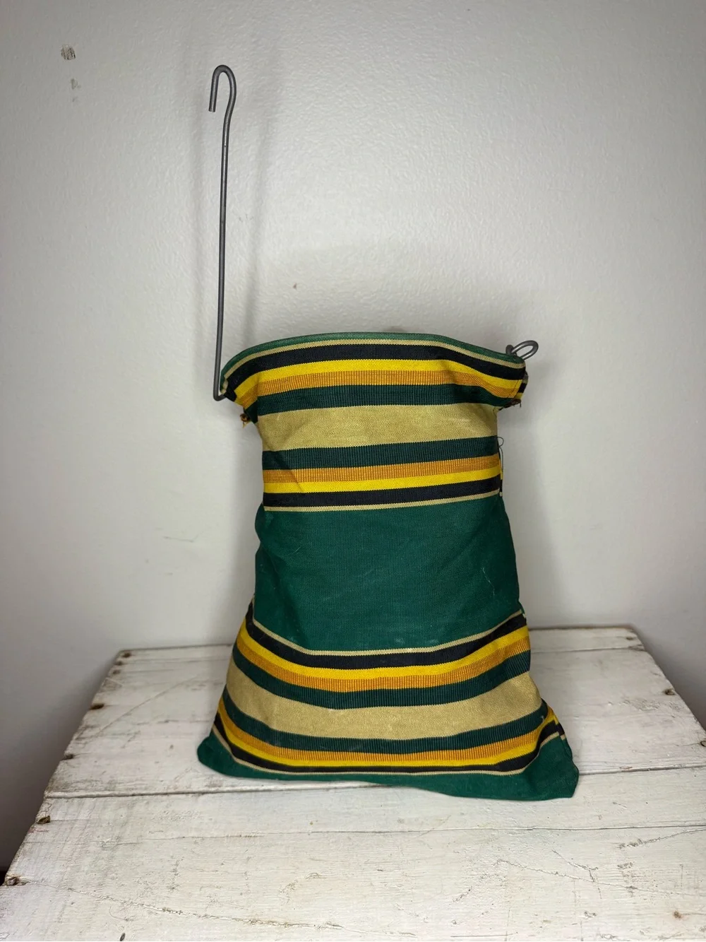 Vintage Fabric Clothes Pin Bag Metal Line Hanger With Pins Stripe Fabric